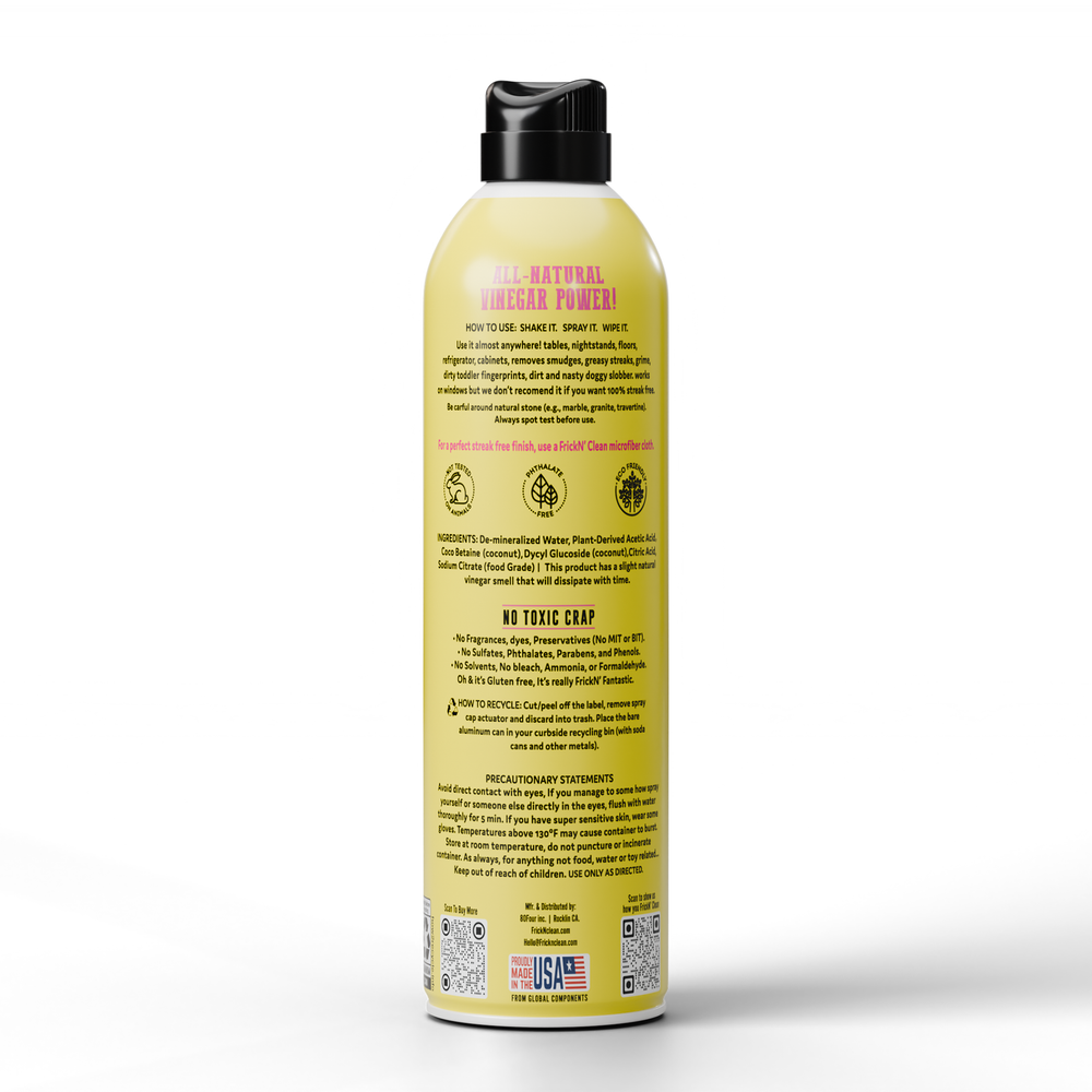 Yellow spray bottle labeled 'Frickn Clean Everything on a white background