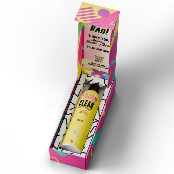 Yellow bottle of 'FrickN' Clean Everything' with colorful packaging on a white background