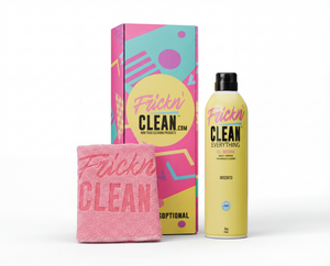 Frickn Clean product set including a bottle, box, and pink cloth on a white background