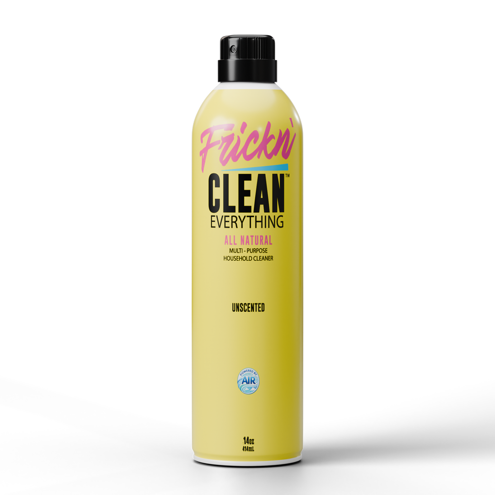 Yellow spray bottle labeled 'Frickn Clean Everything on a white background