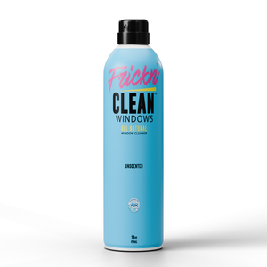 Blue bottle of 'Frickn Clean Windows' window cleaner on a white background