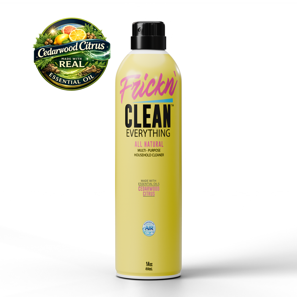 yellow aluminum can labeled 'Frickn Clean everything' with a cedarwood citrus essential oil logo on a white background.