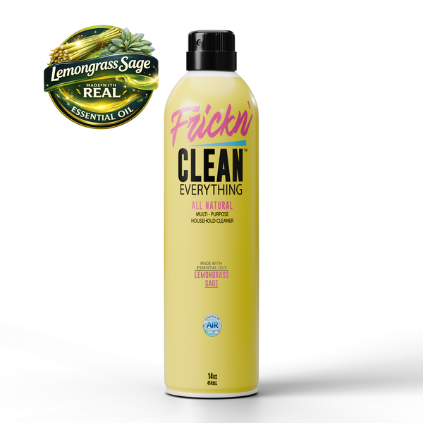 yellow aluminum can labeled 'Frickn Clean everything' with a lemongrass sage essential oil logo on a white background.