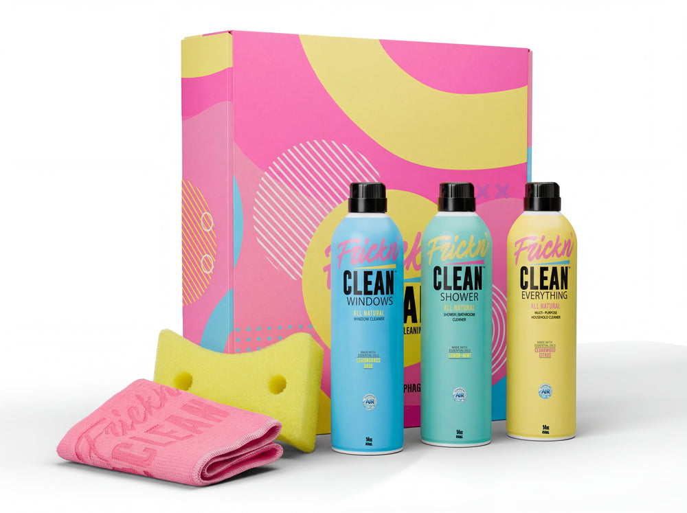 Frickn Clean scented variety pack, a sponge, and a microfiber cloth in front of a colorful box on a white background.