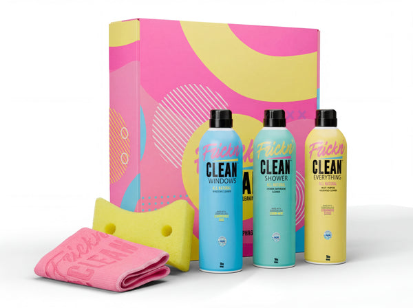 Frickn Clean scented variety pack, a sponge, and a microfiber cloth in front of a colorful box on a white background.