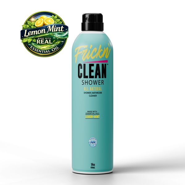 green aluminum can labeled 'Frickn Clean shower' with a lemon mint essential oil logo on a white background.