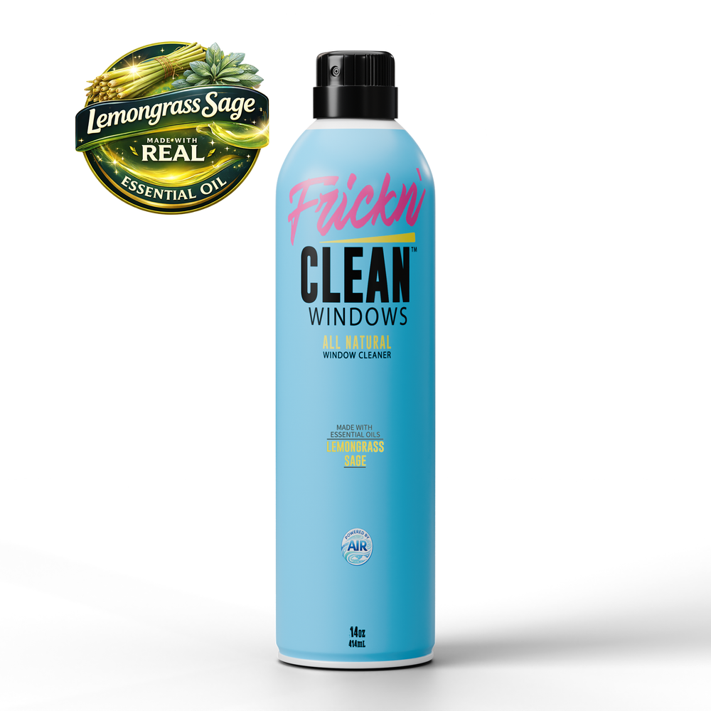 Blue aluminum can labeled 'Frickn Clean Windows' with a lemongrass and sage essential oil logo on a white background.